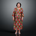 Woman Wearing Colorful Floral Dress With Red Green Patterns And White Shoes On Dark Background