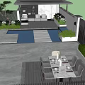 Modern Courtyard Garden Terrace Space With Pergola Dining Table Chairs And Plants Water Feature