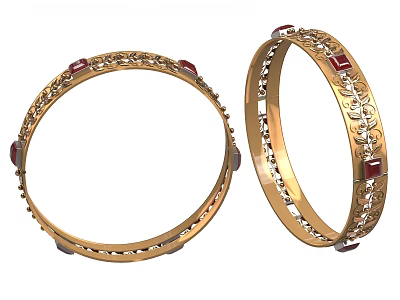 Elegant Gold Bracelets Adorned With Red Gemstones And Intricate Filigree Patterns 3d model