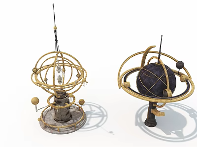 Industrial Equipment with Intricate Metal Frames Spherical Components and Antennas on Decorative Pedestals 3d model