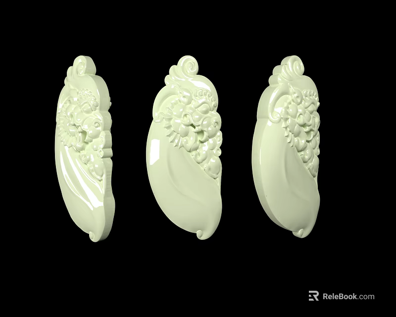 Three Green Leaf Shaped Jade Pendants With Intricate Carved Patterns 3d model 