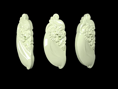 Three Green Leaf Shaped Jade Pendants With Intricate Carved Patterns 3d model