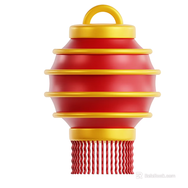Traditional Red And Gold Lantern With Striped Design Golden Top Base And Red Tassels 3d model 