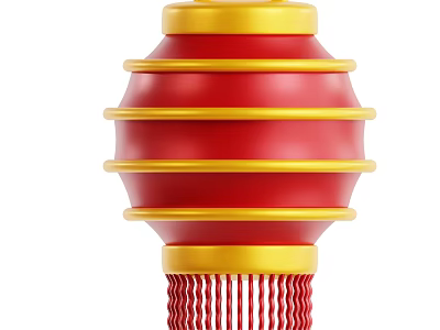 Traditional Red And Gold Lantern With Striped Design Golden Top Base And Red Tassels 3d model