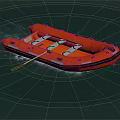Red Inflatable Rescue Boat With Oars Floating On Blue Sea Surface 3d model