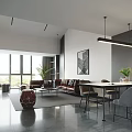 Modern Living Dining Room Interior With Black Cabinets Staircase Marble Floor And Sculpture