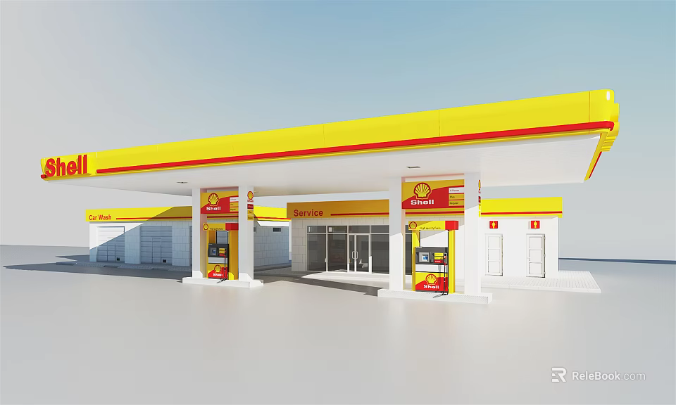 Modern Gas Station Exterior With Yellow Red Canopy Fuel Pumps And Store Entrance 3d model 