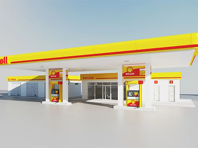 Modern Gas Station Exterior With Yellow Red Canopy Fuel Pumps And Store Entrance 3d model