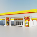 Modern Gas Station Exterior With Yellow Red Canopy Fuel Pumps And Store Entrance