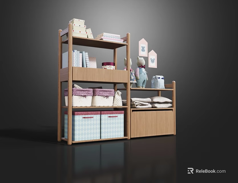 Wooden Bookcase With Multiple Shelves Storage Baskets Stuffed Animal And Decorative Items 3d model 