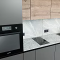 Modern Kitchen Design With Gray Cabinets Wooden Upper Units Marble Countertop Oven And Sink