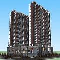 Modern Twin High Rise Residential Buildings Exterior With Greenery And Ground Facilities