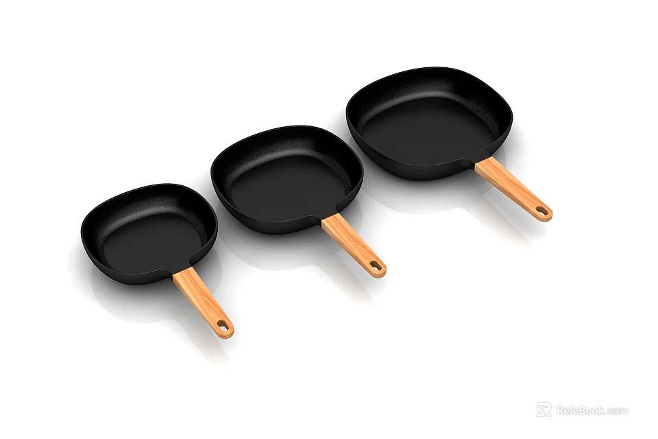 Black Non Stick Frying Pan Set With Wooden Handles For Kitchen Cooking 3d model 