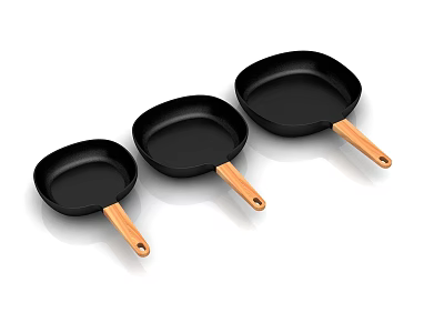 Black Non Stick Frying Pan Set With Wooden Handles For Kitchen Cooking 3d model