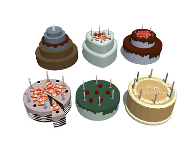 Various Birthday Cakes Decorated With Candles Cherries And Happy Birthday Messages 3d model