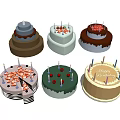 Various Birthday Cakes Decorated With Candles Cherries And Happy Birthday Messages