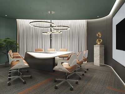Modern Conference Room Interior With Round Pendant Lights White Meeting Table And Beige Chairs 3d model