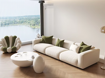 Modern Beige Sofa Coffee Table Set With Green Cushions Large Window Lake View Wooden Floor 3d model