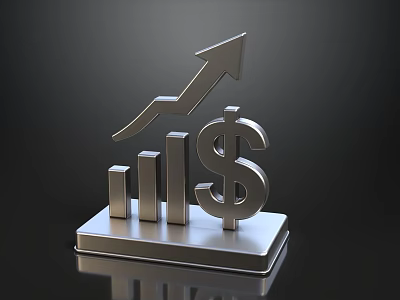 Decorative Ornament Set with Silver Arrow Bar Chart and Dollar Sign on Base 3d model