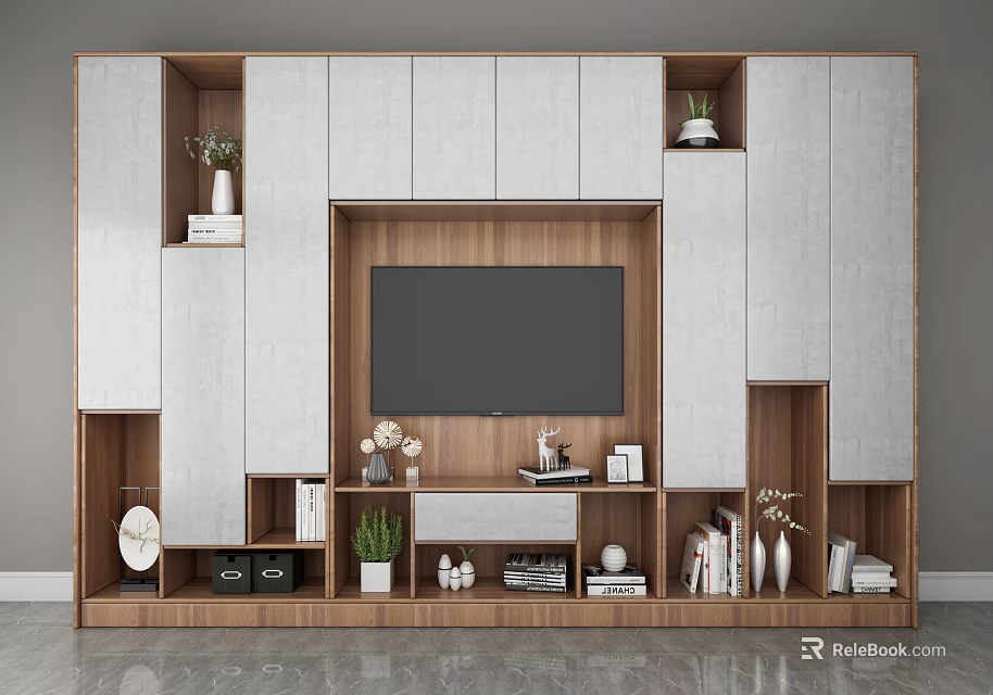 Modern Wooden TV Wall Cabinet With Gray Panels Open Closed Storage Compartments And Decorative Plants 3d model 