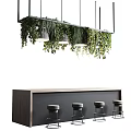 Modern Bar Counter With Hanging Trailing Greenery And Four Gray Stools