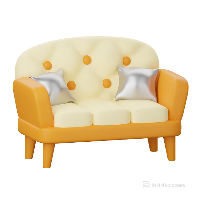 Three Seater Sofa with Cream Backrest Orange Arms Silver Cushions and Round Button Details 3d model 
