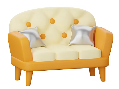 Three Seater Sofa with Cream Backrest Orange Arms Silver Cushions and Round Button Details 3d model