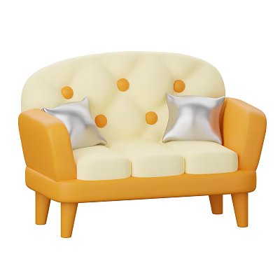 Three Seater Sofa with Cream Backrest Orange Arms Silver Cushions and Round Button Details 3d model