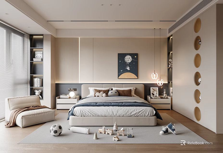 Modern Minimalist Kids Room Interior With Bed Pillows Rug Toys And Decorative Painting 3d model 