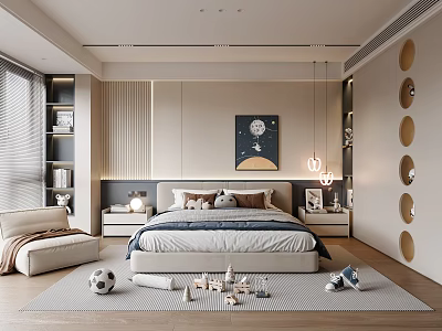 Modern Minimalist Kids Room Interior With Bed Pillows Rug Toys And Decorative Painting 3d model