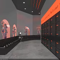 Futuristic Retro Style Bar With Robots Neon Lights Curved Design And Warm Toned Interior
