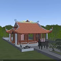 Traditional Ancient Architecture With Red Tiled Roof Ornate Eaves Surrounded By Green Grassland And Trees