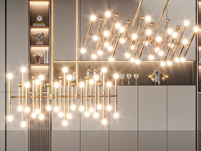 Elegant Modern Chandelier With Golden Metal Rods And Bright LED Bulbs In Interior Space 3d model