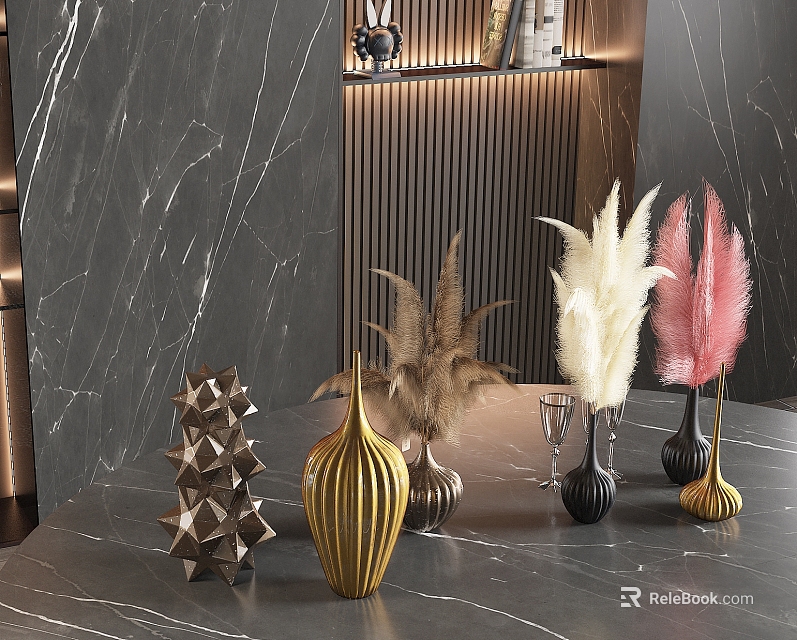 Elegant Gold Black Vases With Feathery Flowers Pink White On Marble Tabletop 3d model 