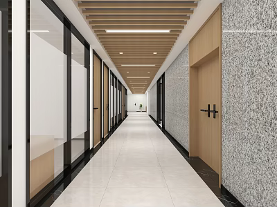Modern Office Corridor Featuring Glass Partitions Wooden Ceiling Recessed Lighting And Stone Wall 3d model
