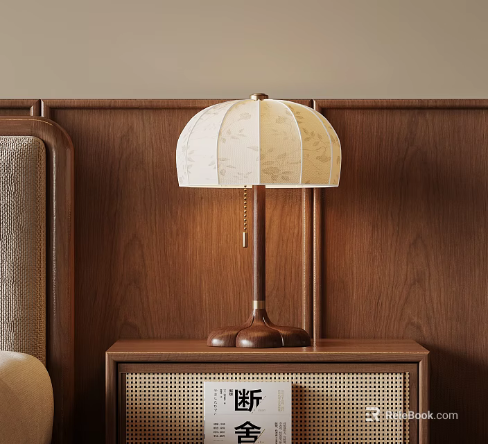 Bedside Table With Rattan Detail And Wooden Table Lamp With Beige Lampshade On Wooden Wall 3d model 