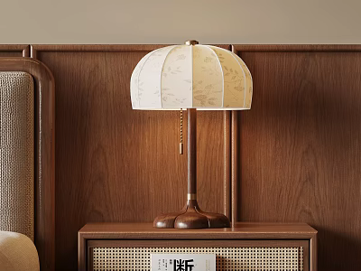 Bedside Table With Rattan Detail And Wooden Table Lamp With Beige Lampshade On Wooden Wall 3d model
