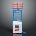 Aerial Work Platform Structure With Red Safety Guardrail Blue Metal Frame And White Control Box