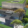 Modern Sales Office Building With Glass Curtain Wall Water Pool Sculpture And Reflection