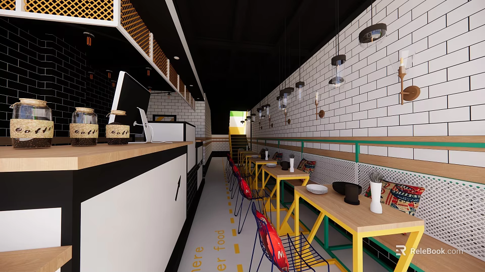 Bubble Tea Shop Interior With Modern Counter Tables Chairs And Decorative Lighting 3d model 
