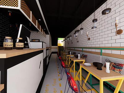 Bubble Tea Shop Interior With Modern Counter Tables Chairs And Decorative Lighting 3d model