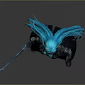 3D Character With Long Blue Hair Black Outfit And Glowing Blue Sword