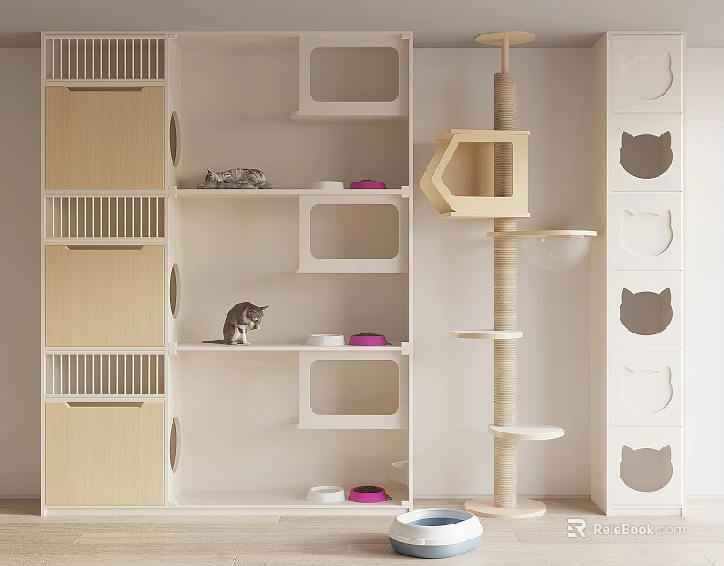 Modern Storage Shelving Unit Design With Cat Face Patterns And Cat Tree For Pet Home 3d model 