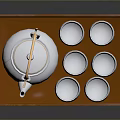 White Ceramic Tea Set with Bamboo Handle and Six Cups on Wooden Tray