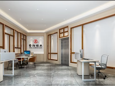 Modern Office Workspace With Desks Computers Chairs Elevator And Company Logo 3d model