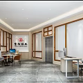 Modern Office Workspace With Desks Computers Chairs Elevator And Company Logo