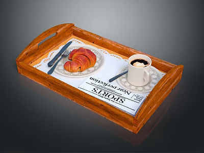 Delicious Croissant And Coffee On Wooden Tray With Newspaper And Utensils 3d model