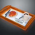 Delicious Croissant And Coffee On Wooden Tray With Newspaper And Utensils