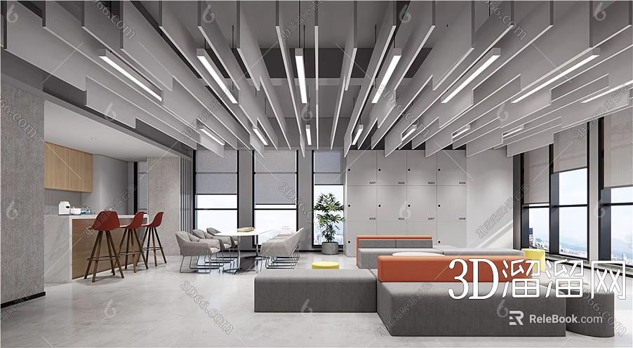 Modern Break Room Interior Design With Ceiling Lights Sofa Plants And Cabinets 3d model 