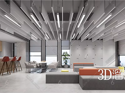 Modern Break Room Interior Design With Ceiling Lights Sofa Plants And Cabinets 3d model